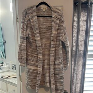 Oversized Saltwater Luxe Gray and Cream Knit Cardigan with pockets and hoodie